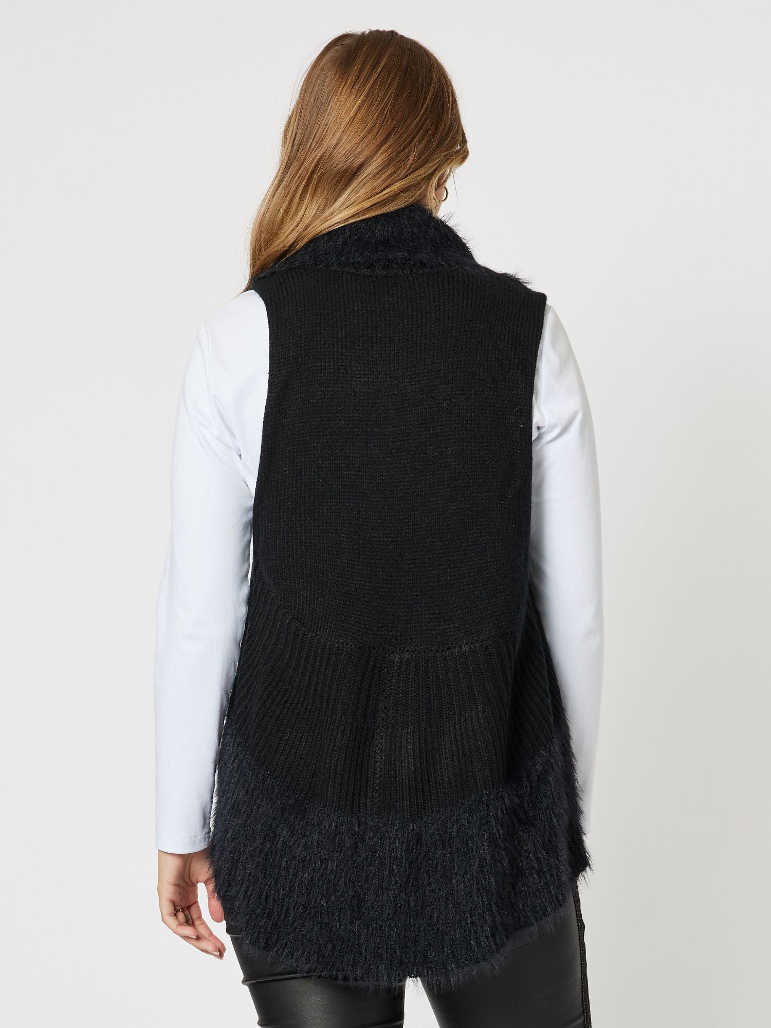 Fluffy Trim Knit Vest - Black