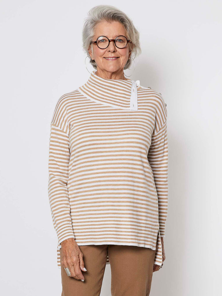 Button Neck Stripe Knit Top - Caramel Stripe