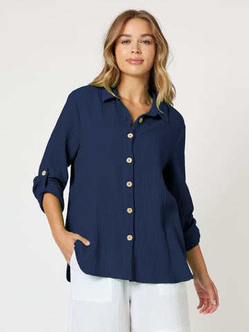 Byron Textured Cotton Shirt - Navy