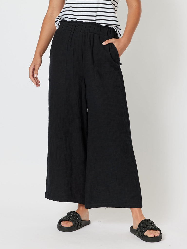 Byron Textured Cotton Wide Leg Pull On Pant - Black