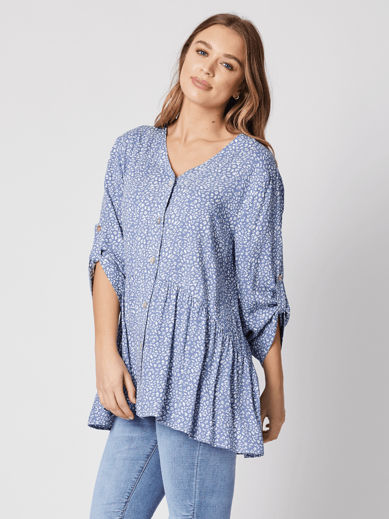 Floral Button Through Shirt - Indigo