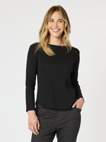 Crew Neck Cotton Rib Long Sleeve Top - Black