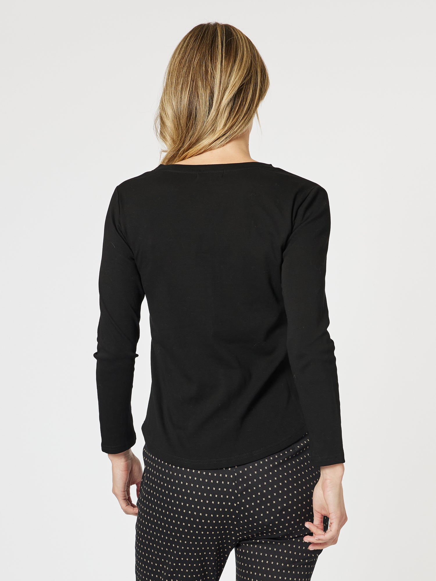 Crew Neck Cotton Rib Long Sleeve Top - Black