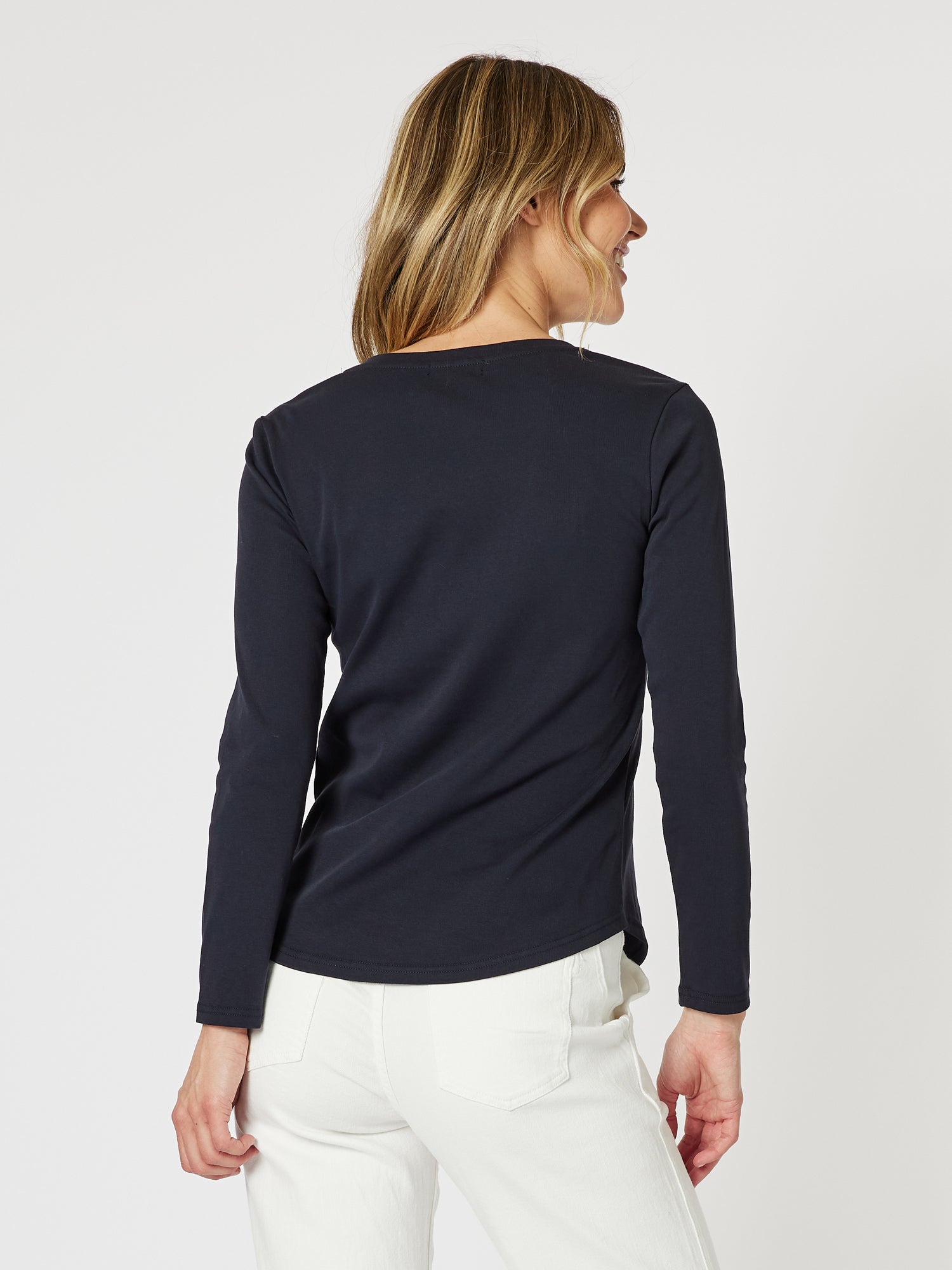 Crew Neck Cotton Rib Long Sleeve Top - Navy