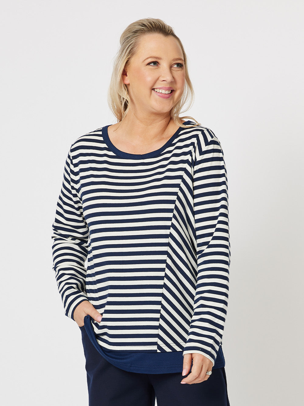 Sarah Stripe Long Sleeve Top - Navy