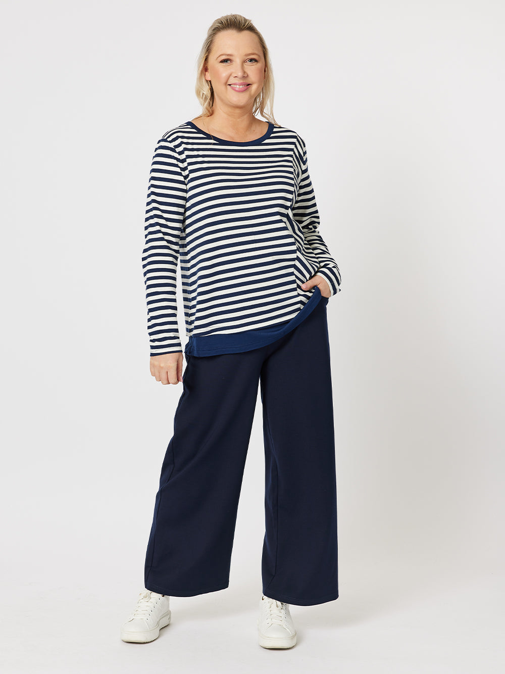 Sarah Stripe Long Sleeve Top - Navy