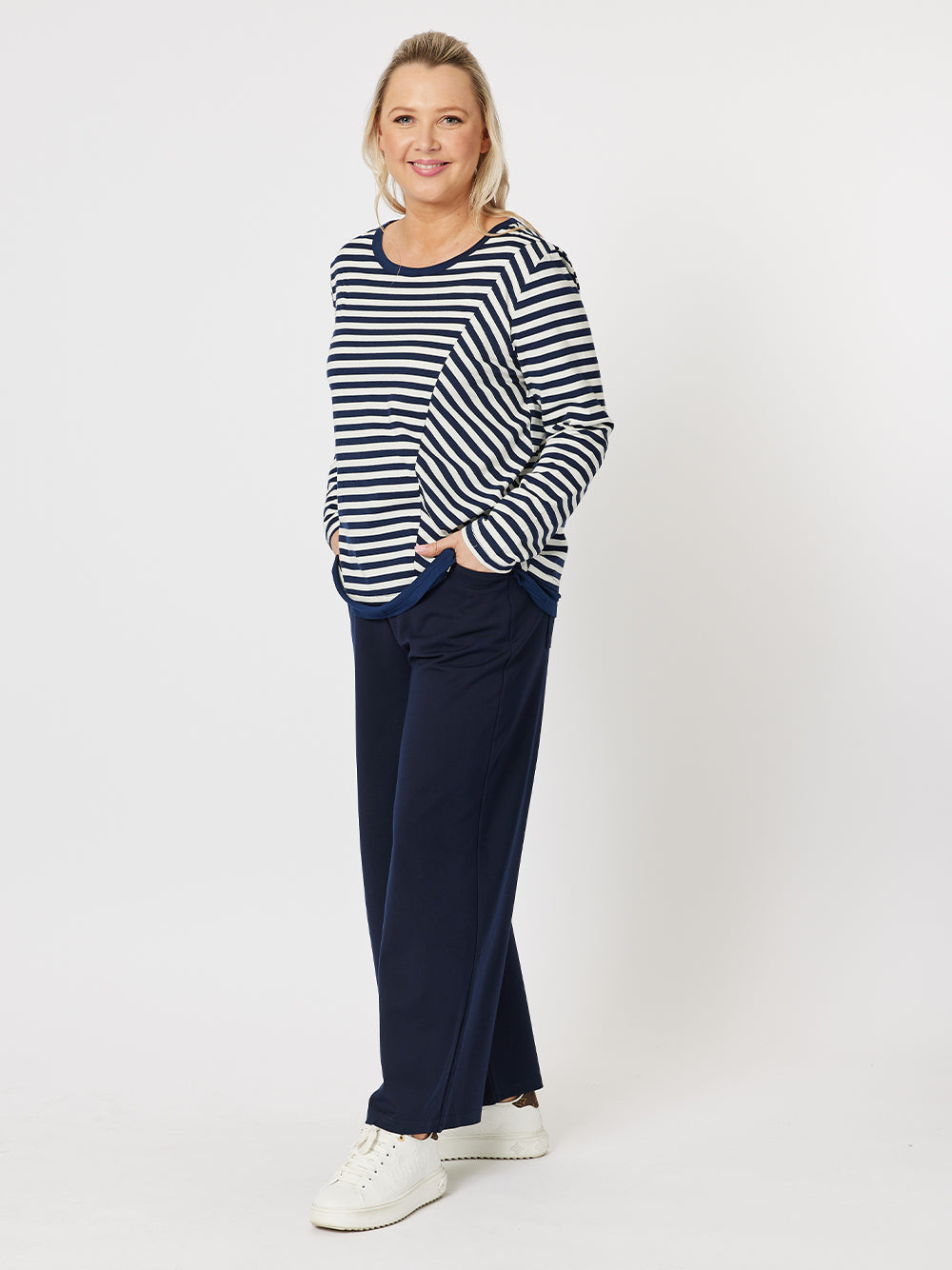 Sarah Stripe Long Sleeve Top - Navy