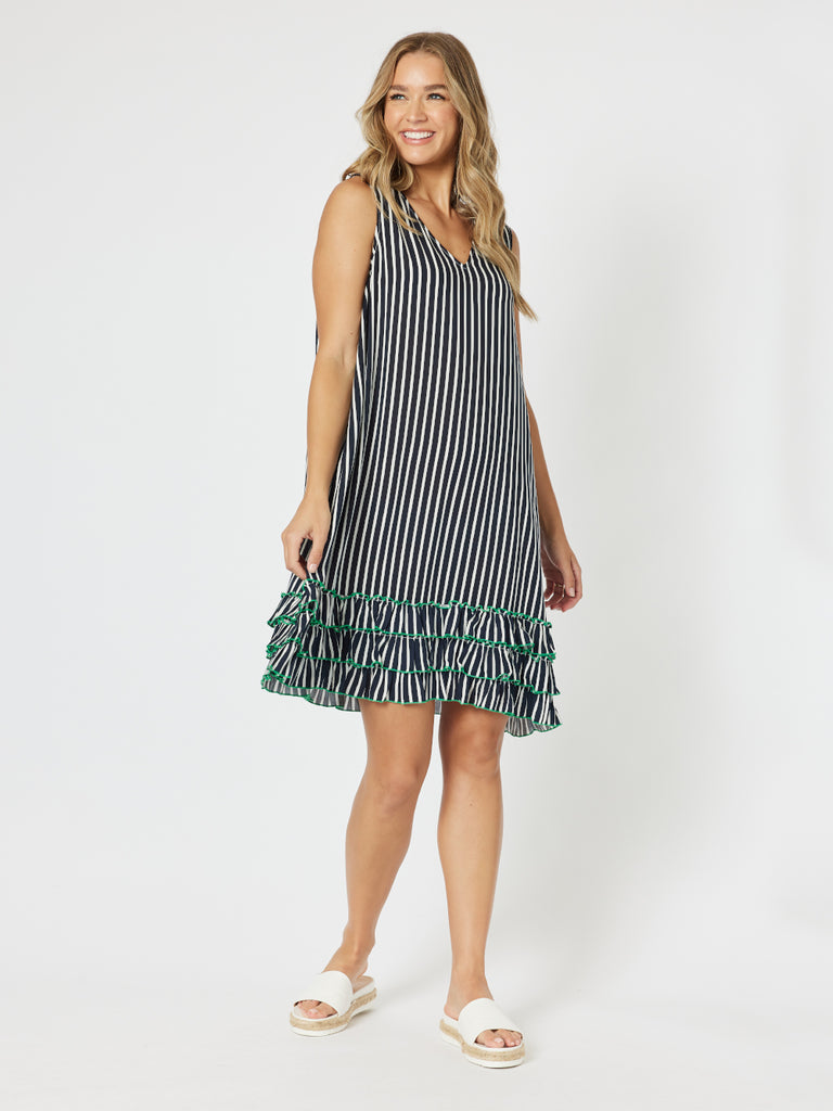 Stripe Frilled Hem Dress - Navy