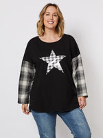 Contrast Check Star Long Sleeve Tee - Black