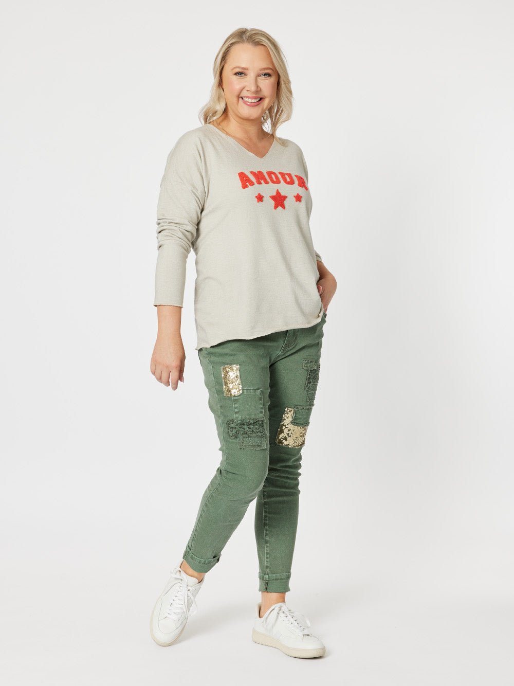 All That Jazz Applique Jean - Khaki - RC & Co