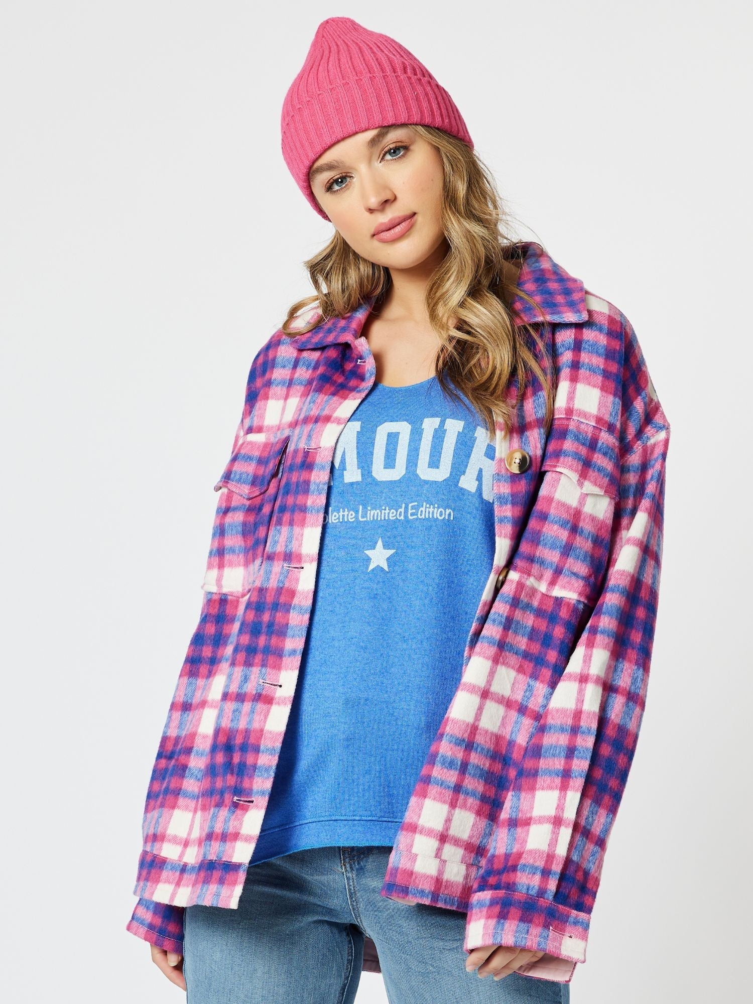 Brooklyn Check Melton Shacket - Pink - RC & Co