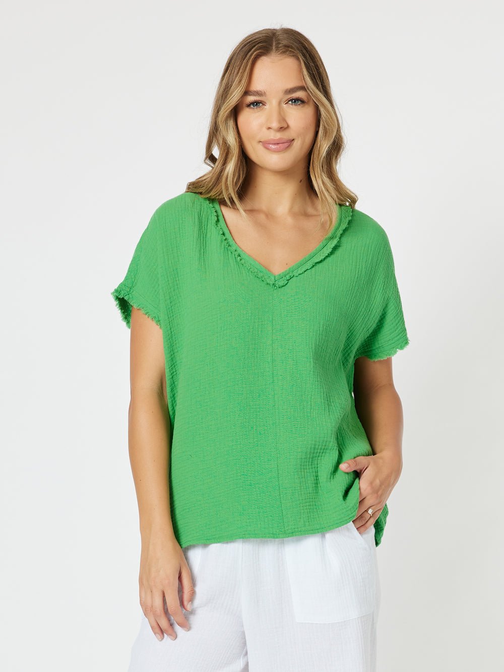 Byron Cotton V - neck Top - Emerald - RC & Co