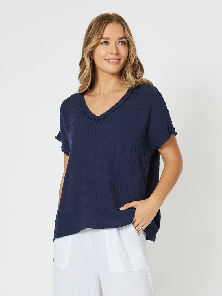 Byron Cotton V - neck Top - Navy - RC & Co