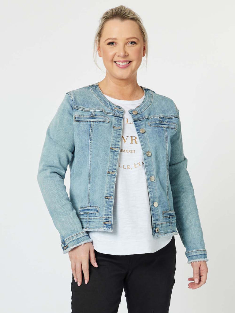 Collarless Denim Jacket - Denim - RC & Co