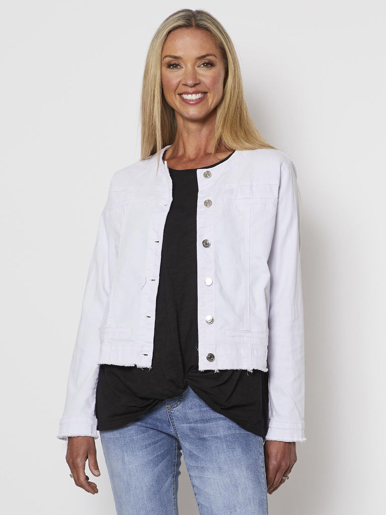 Collarless Frayed Hem Denim Jacket - White - RC & Co