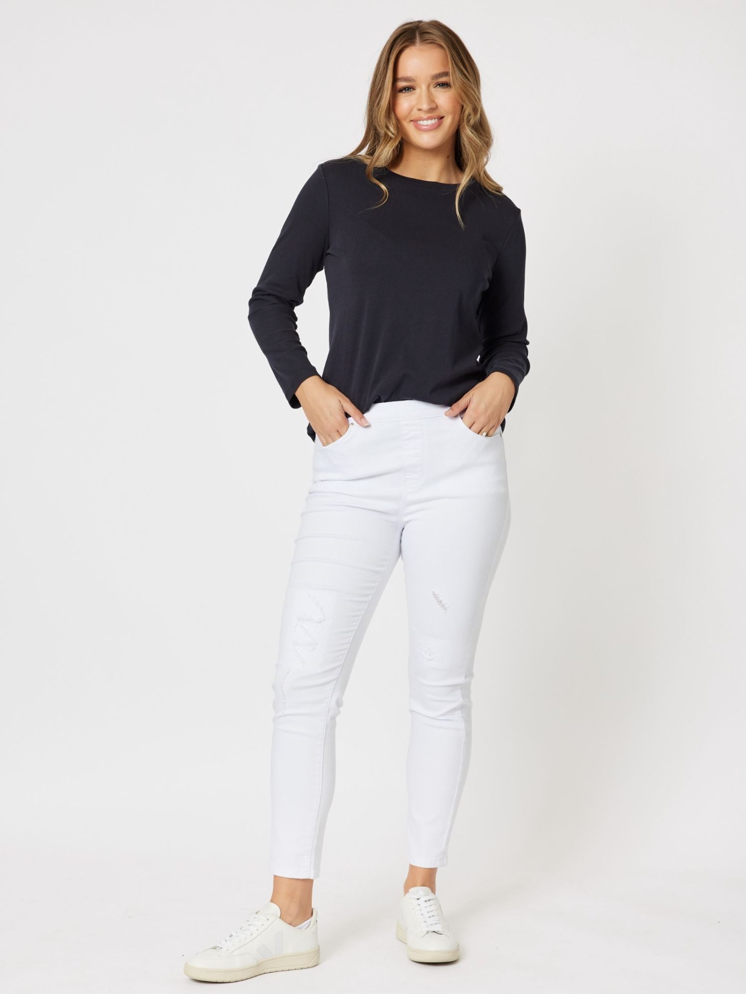 Crew Neck Cotton Rib Long Sleeve Top - Navy - RC & Co