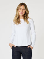 Crew Neck Cotton Rib Long Sleeve Top - White