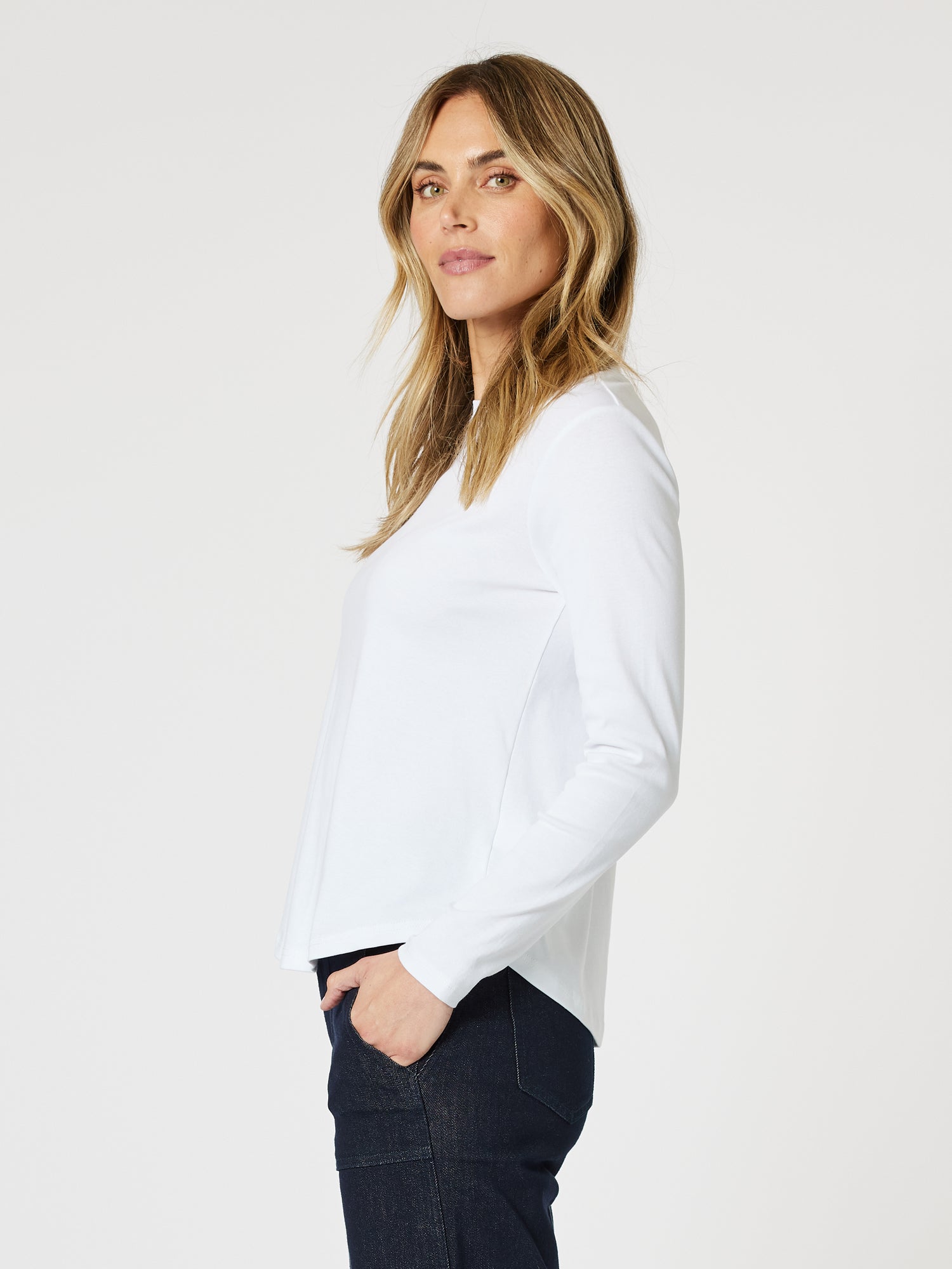 Crew Neck Cotton Rib Long Sleeve Top - White - RC & Co