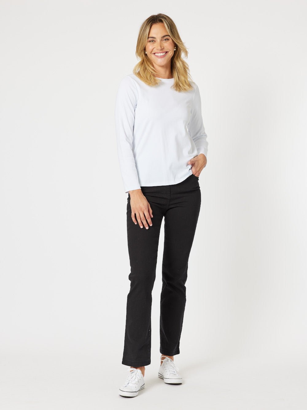 Crew Neck Cotton Rib Long Sleeve Top - White - RC & Co