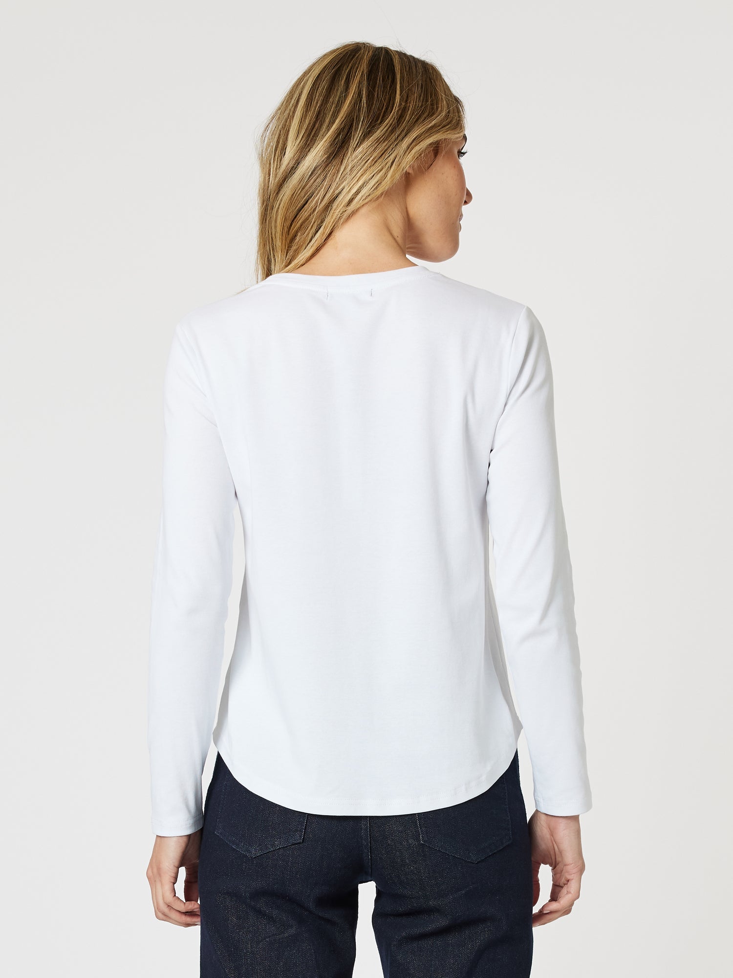 Crew Neck Cotton Rib Long Sleeve Top - White - RC & Co