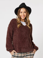 Fluffy V-Neck Knit Jumper - Chocolate