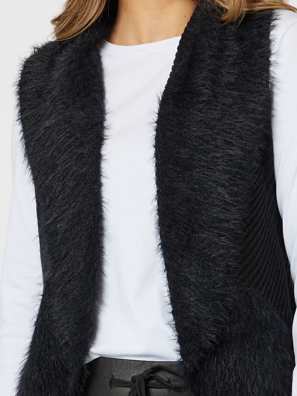 Fluffy Trim Knit Vest - Black