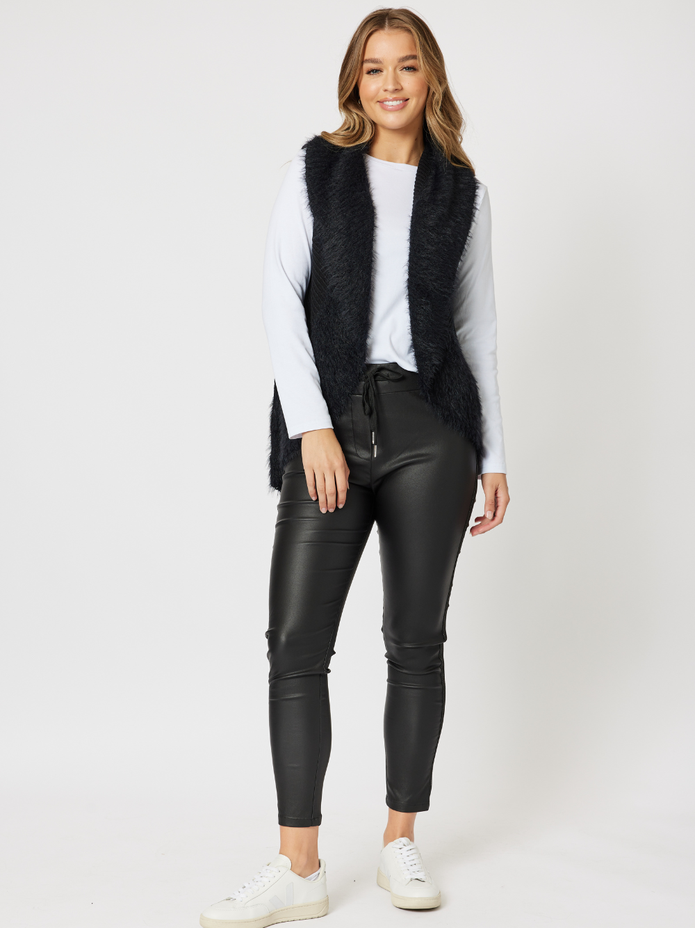 Fluffy Trim Knit Vest - Black