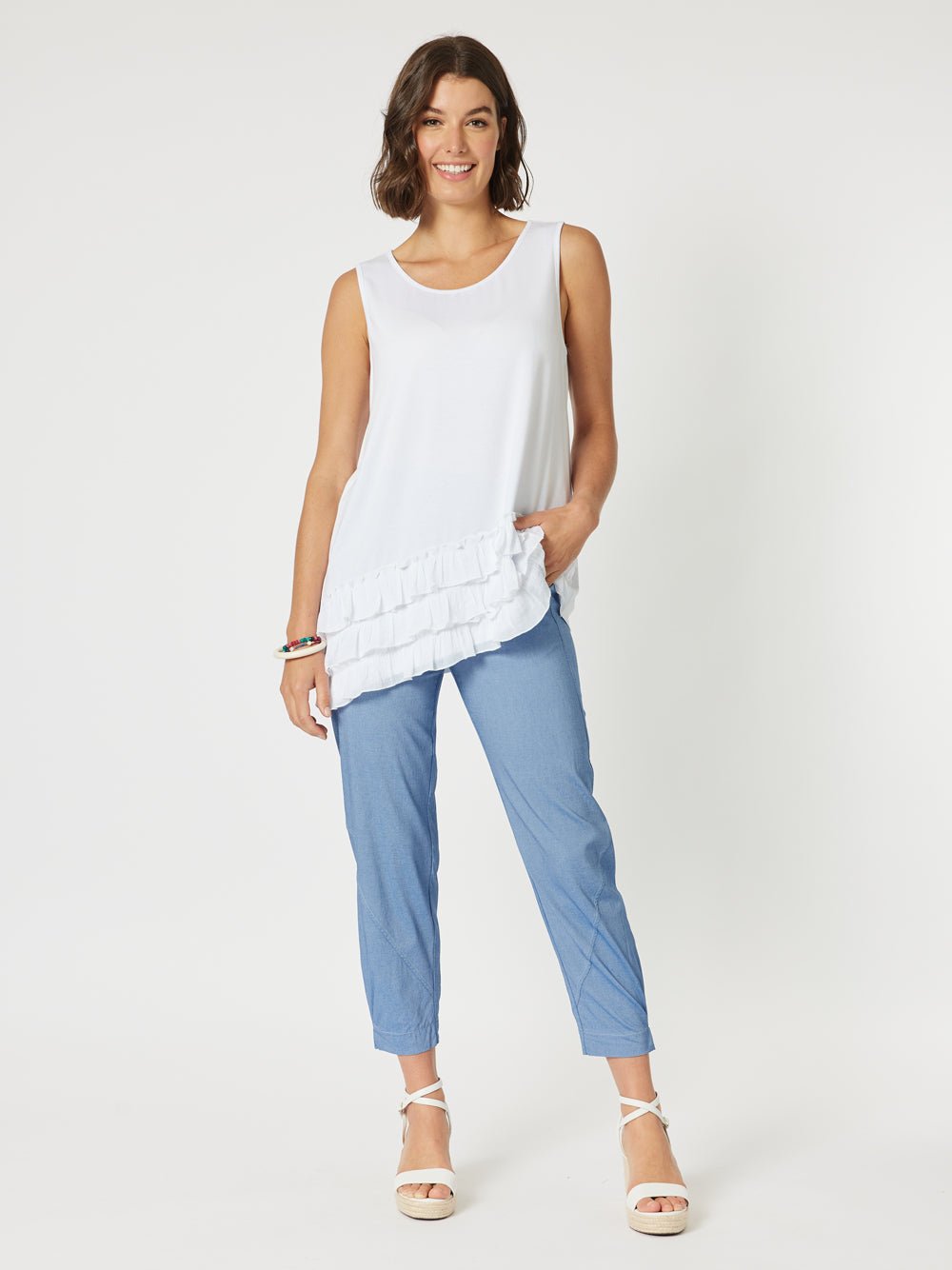 Frilled Hem Sleeveless Top - White - RC & Co