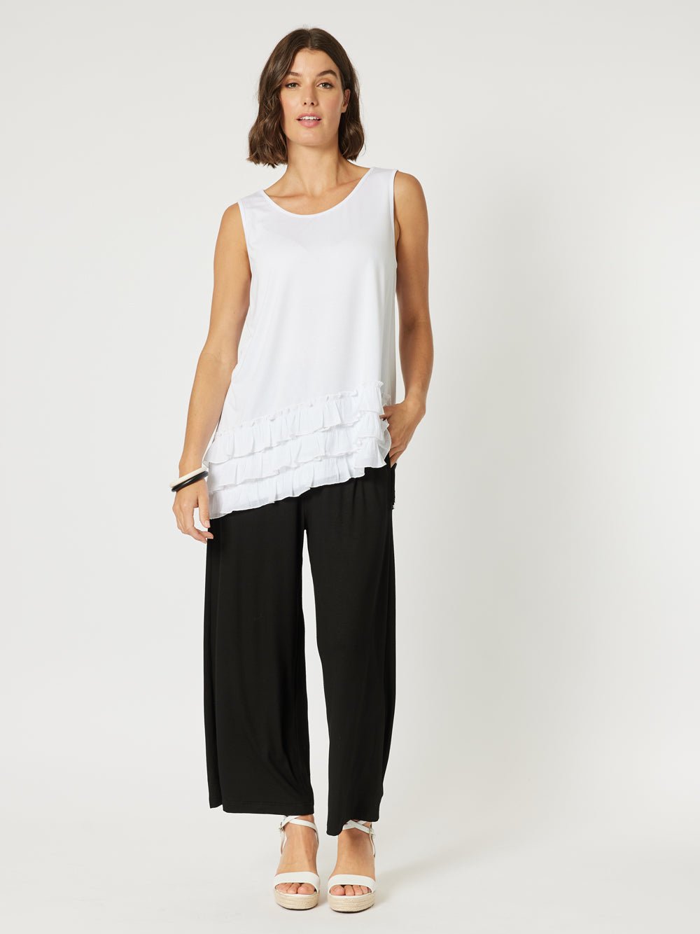 Frilled Hem Sleeveless Top - White - RC & Co