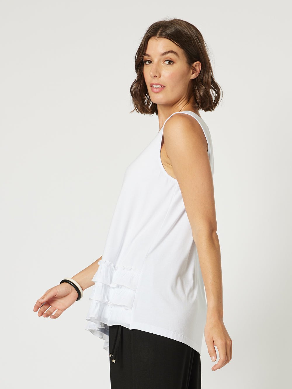 Frilled Hem Sleeveless Top - White - RC & Co