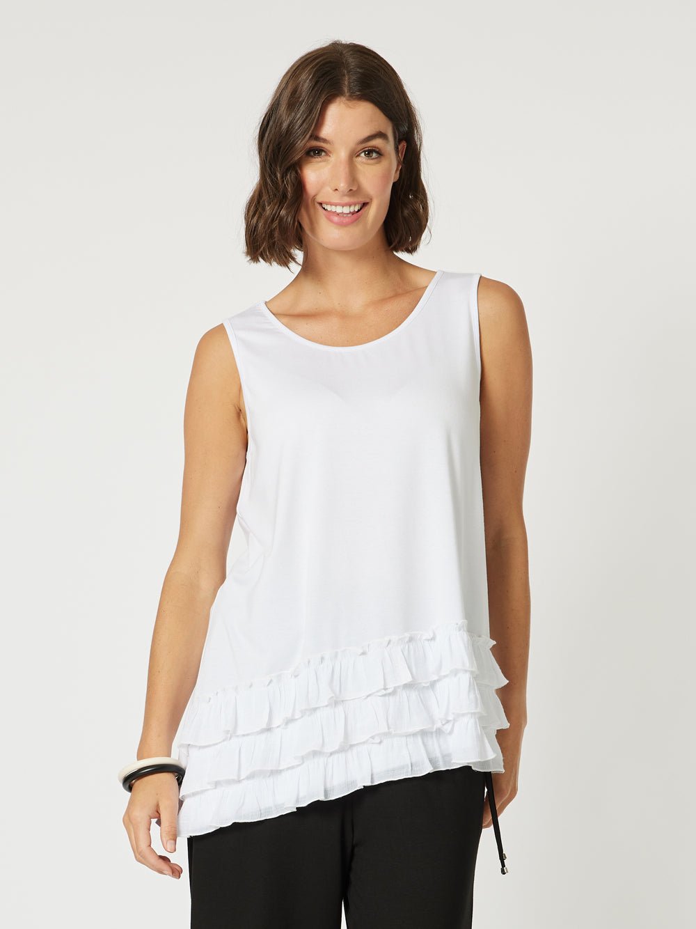 Frilled Hem Sleeveless Top - White - RC & Co