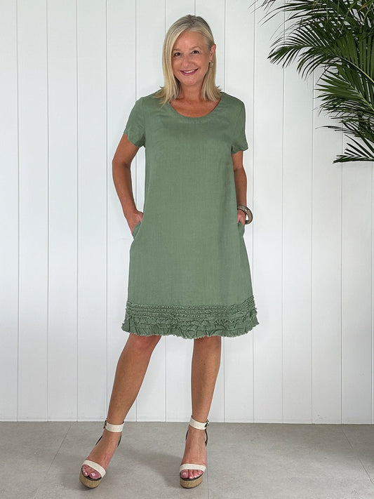 Linen Ruffle Hem Dress - Khaki - RC & Co