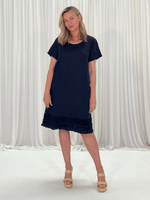 Ruffle Hem Linen Dress Scoop Neck - Navy