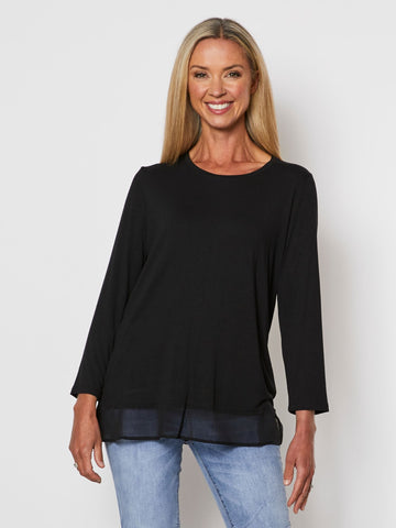 Long Sleeve Georgette Hem T-shirt - Black - RC & Co