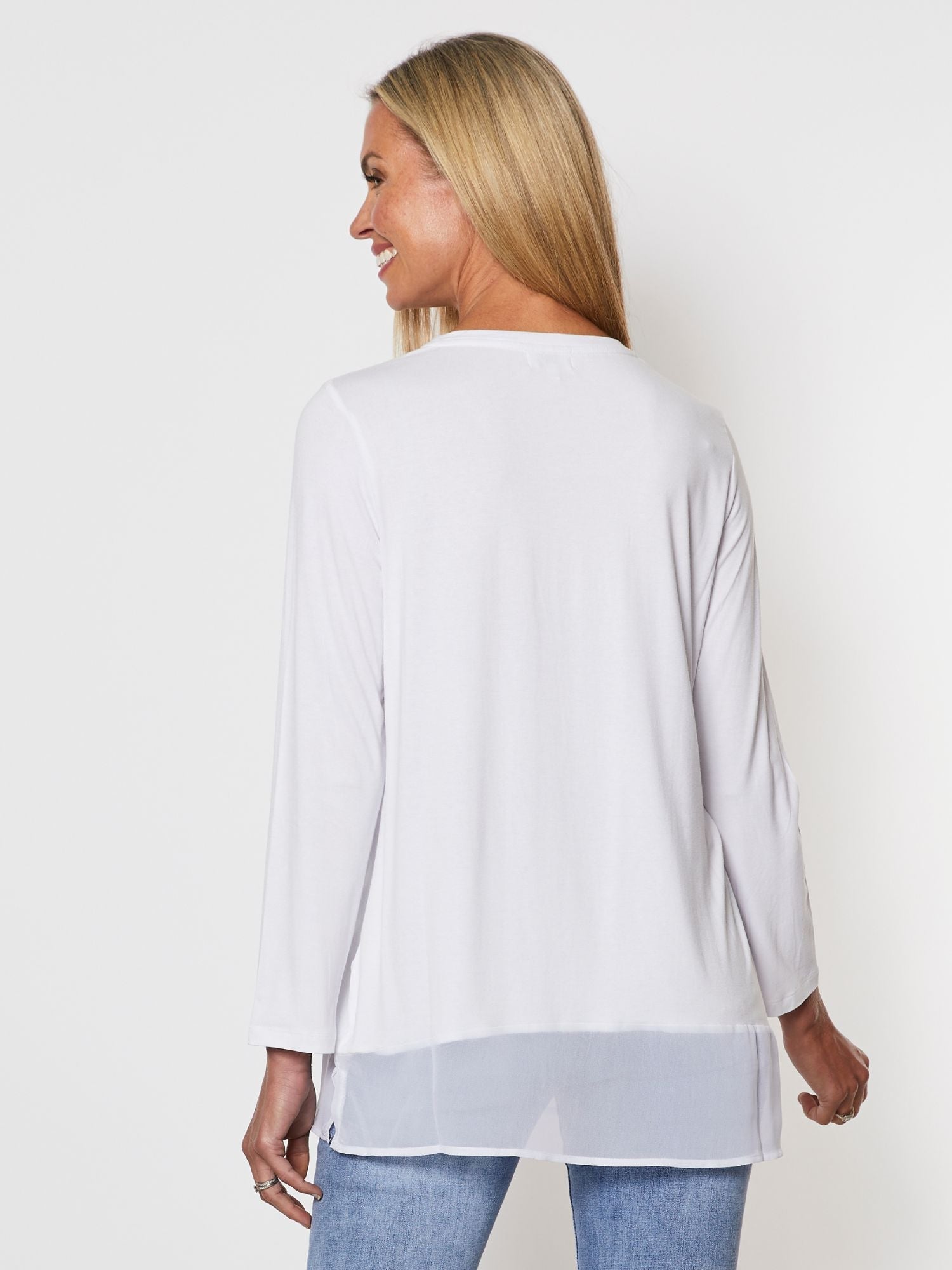 Long Sleeve Georgette Hem T-shirt - White - RC & Co