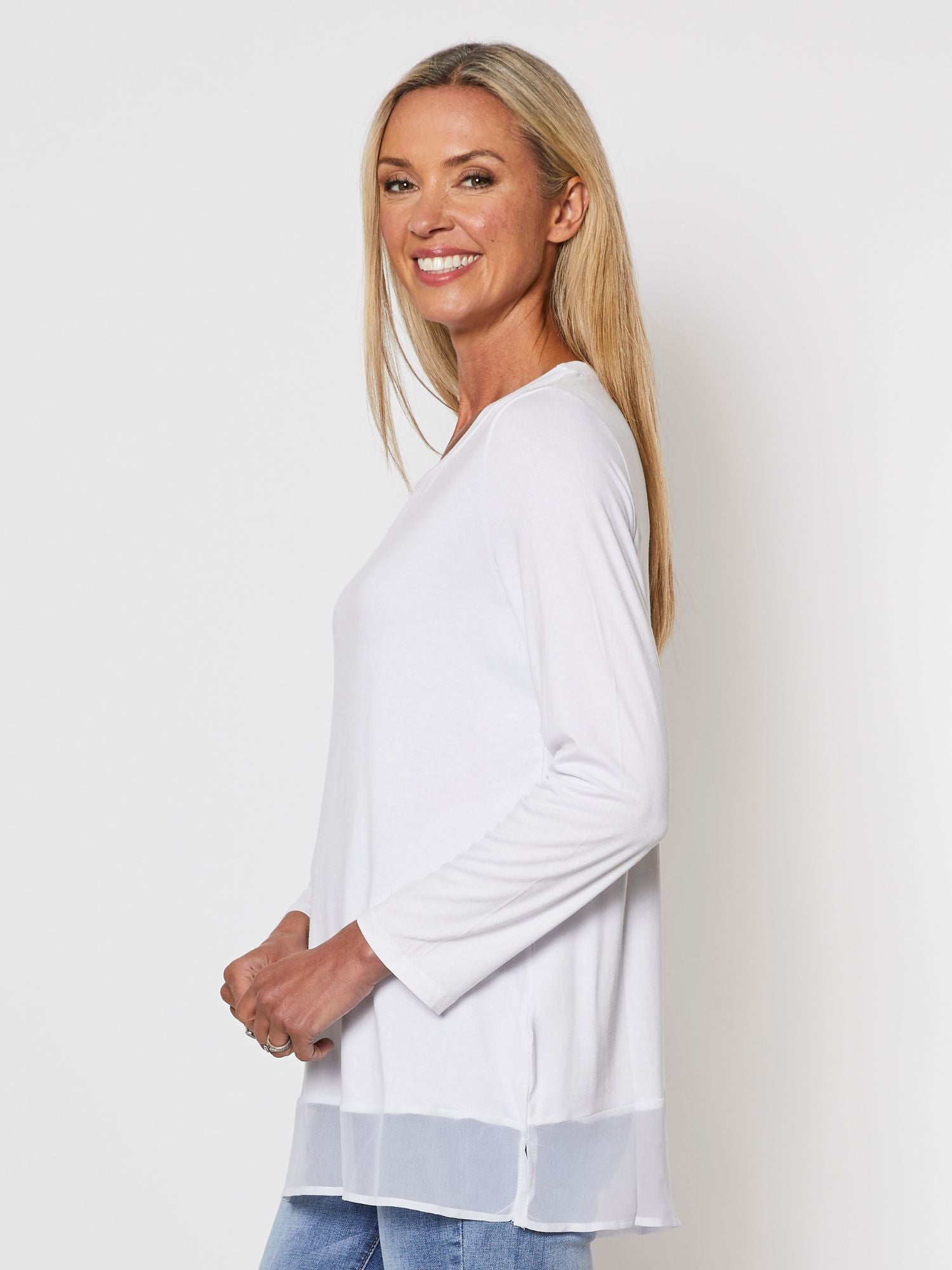 Long Sleeve Georgette Hem T-shirt - White - RC & Co