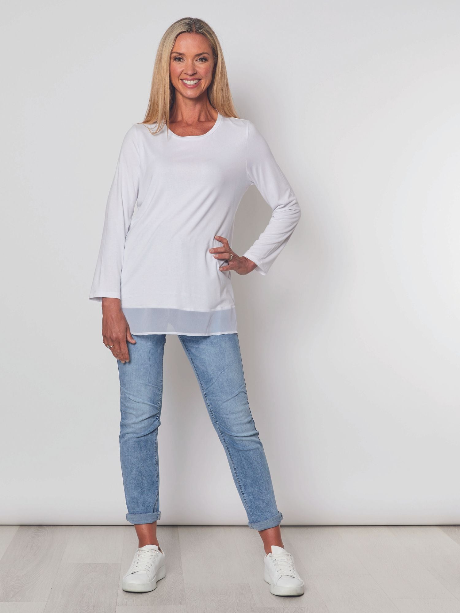 Long Sleeve Georgette Hem T-shirt - White - RC & Co