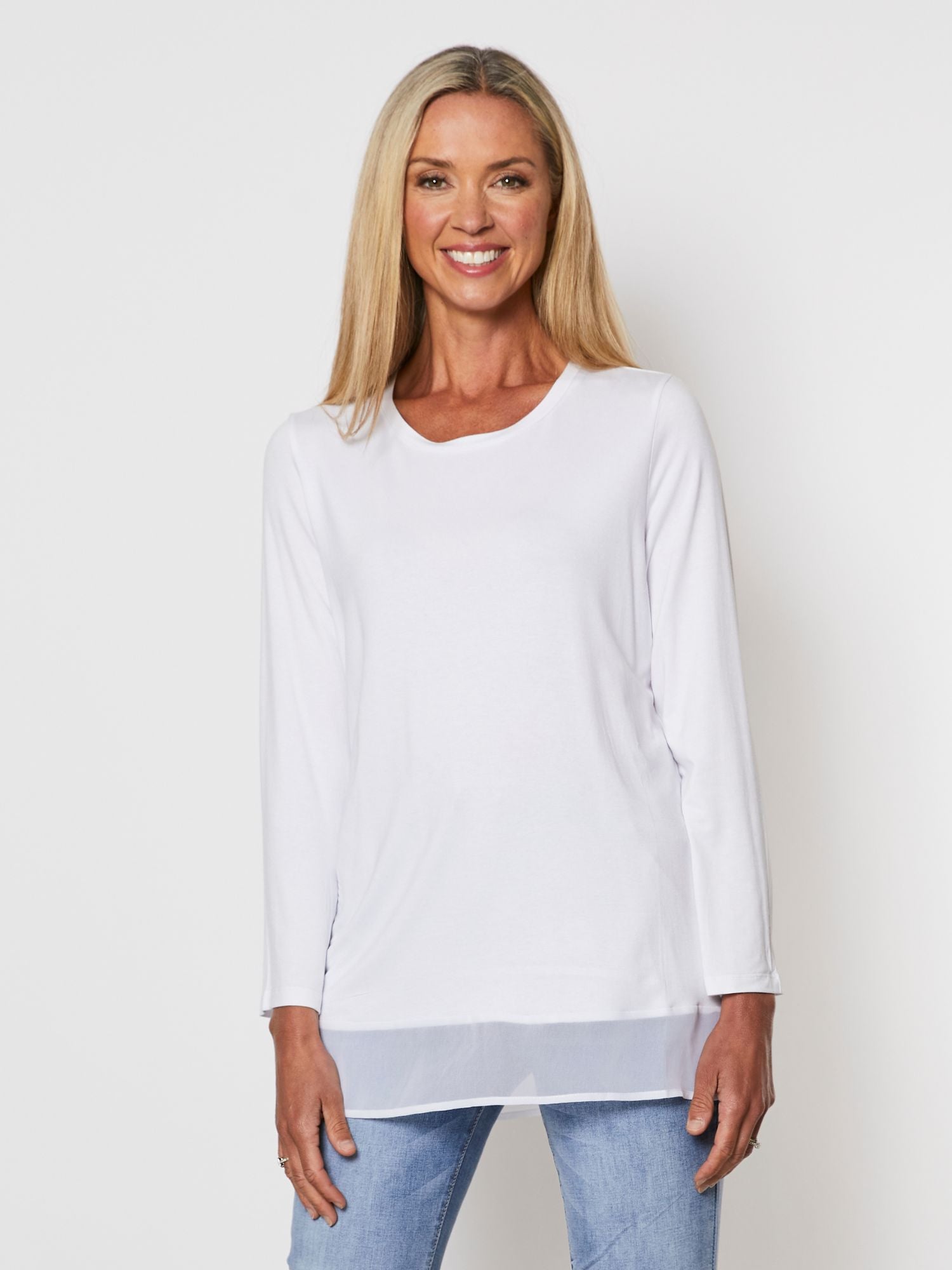 Long Sleeve Georgette Hem T-shirt - White - RC & Co