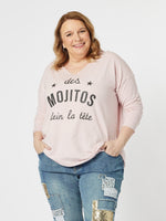 Mojito Print Front V-Neck Long Sleeve Knit - Pink