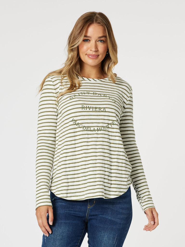 Riviera Stripe Long Sleeve Tee - Khaki/White - RC & Co