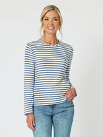 Riviera Stripe Print Long Sleeve Top - Blue/White