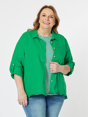 Ruffle Hem Linen Shirt - Emerald - RC & Co