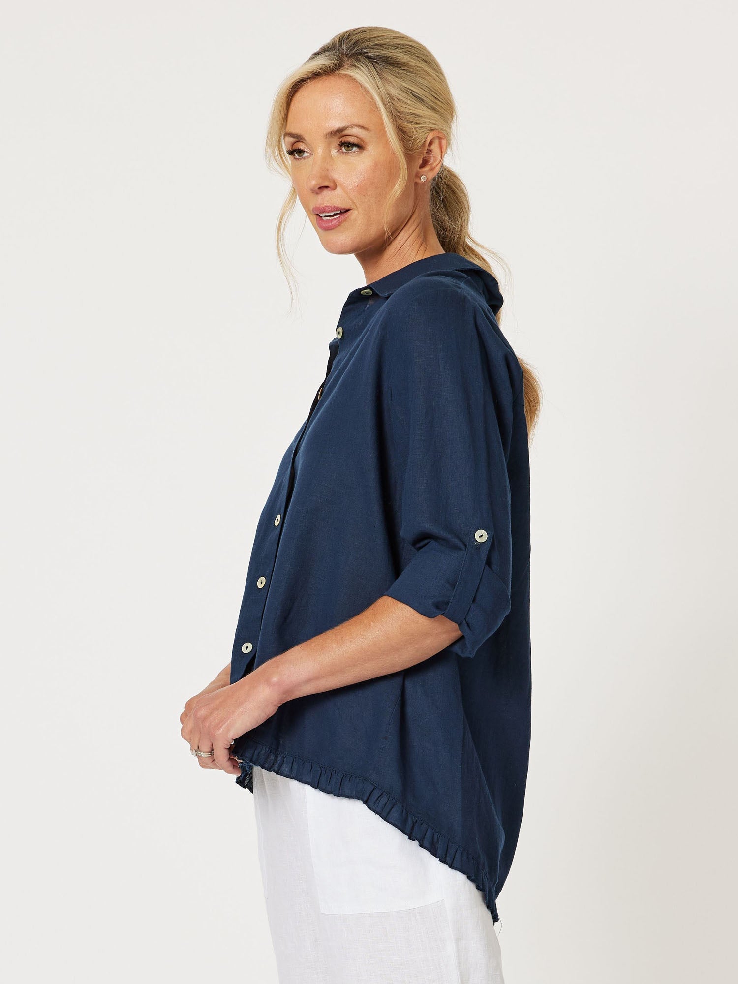 Ruffle Hem Linen Shirt - Navy - RC & Co