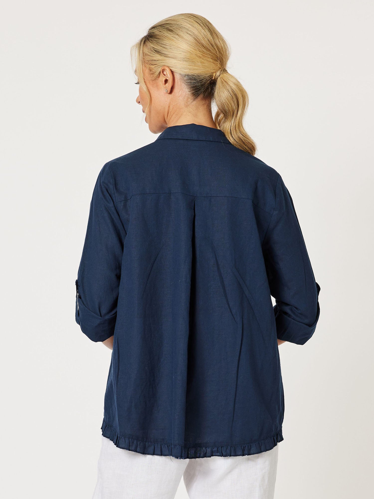 Ruffle Hem Linen Shirt - Navy - RC & Co