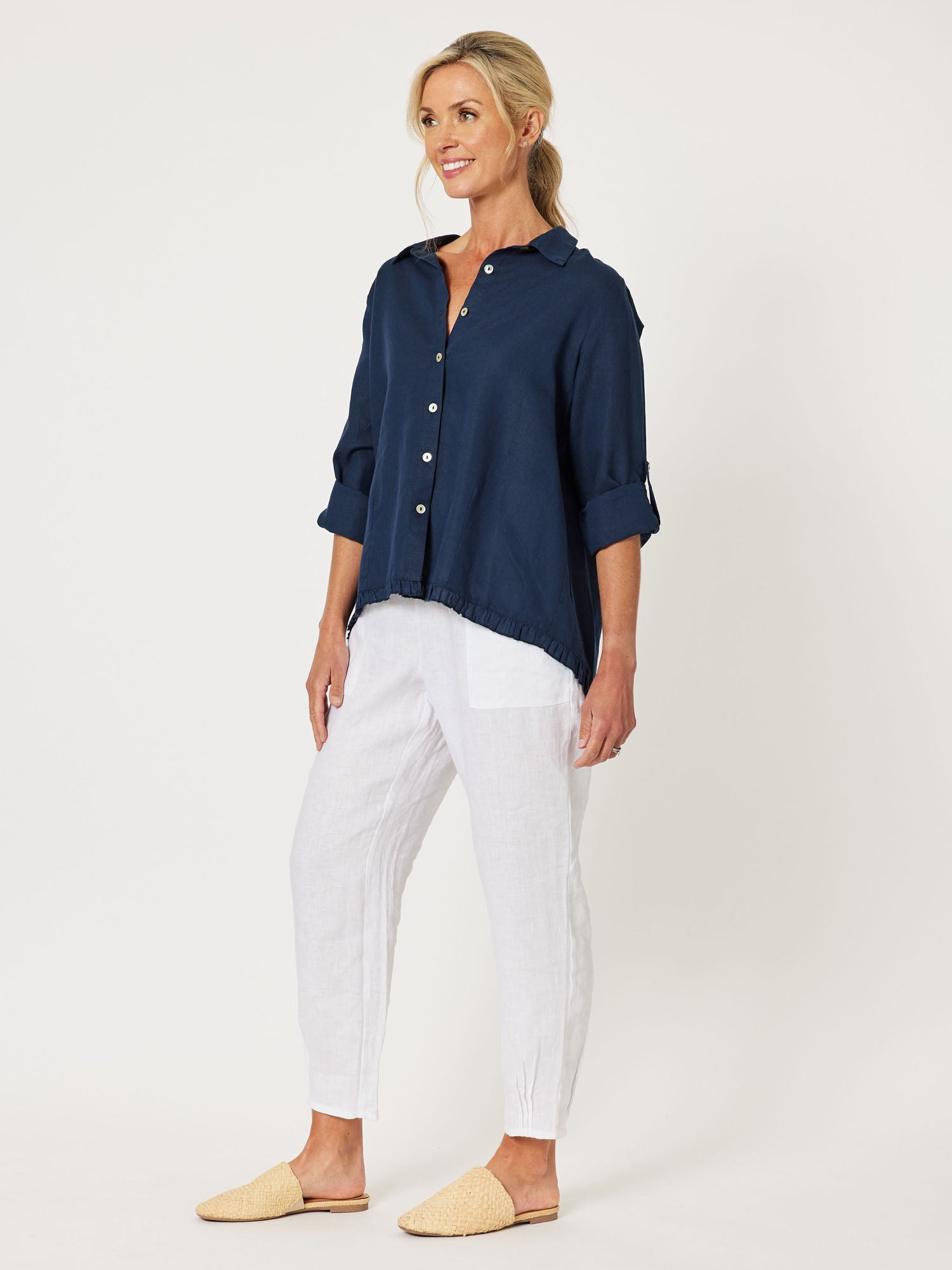 Ruffle Hem Linen Shirt - Navy - RC & Co