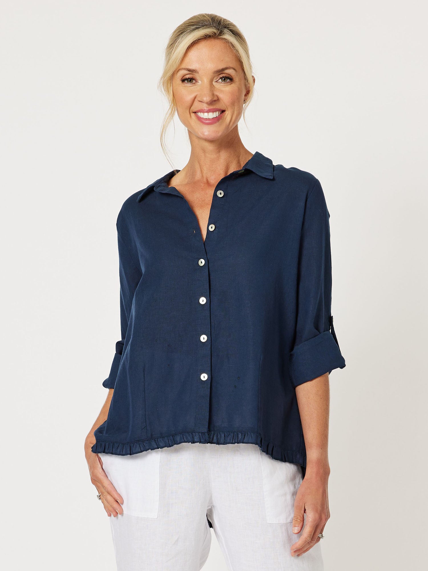 Ruffle Hem Linen Shirt - Navy - RC & Co