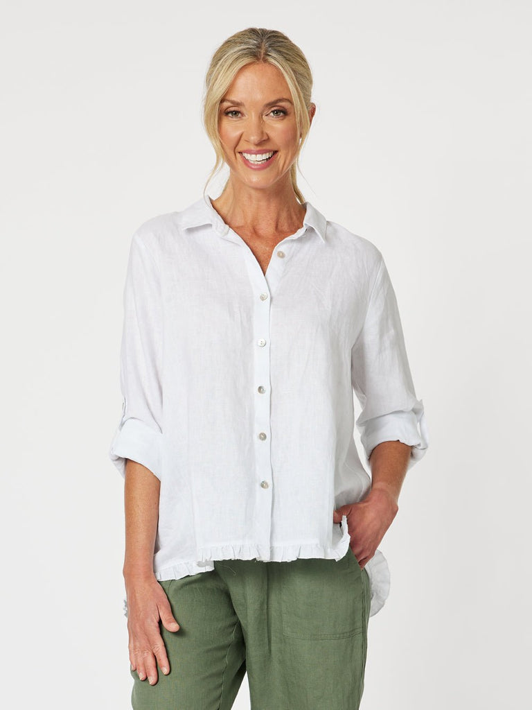 Ruffle Hem Linen Shirt - White - RC & Co