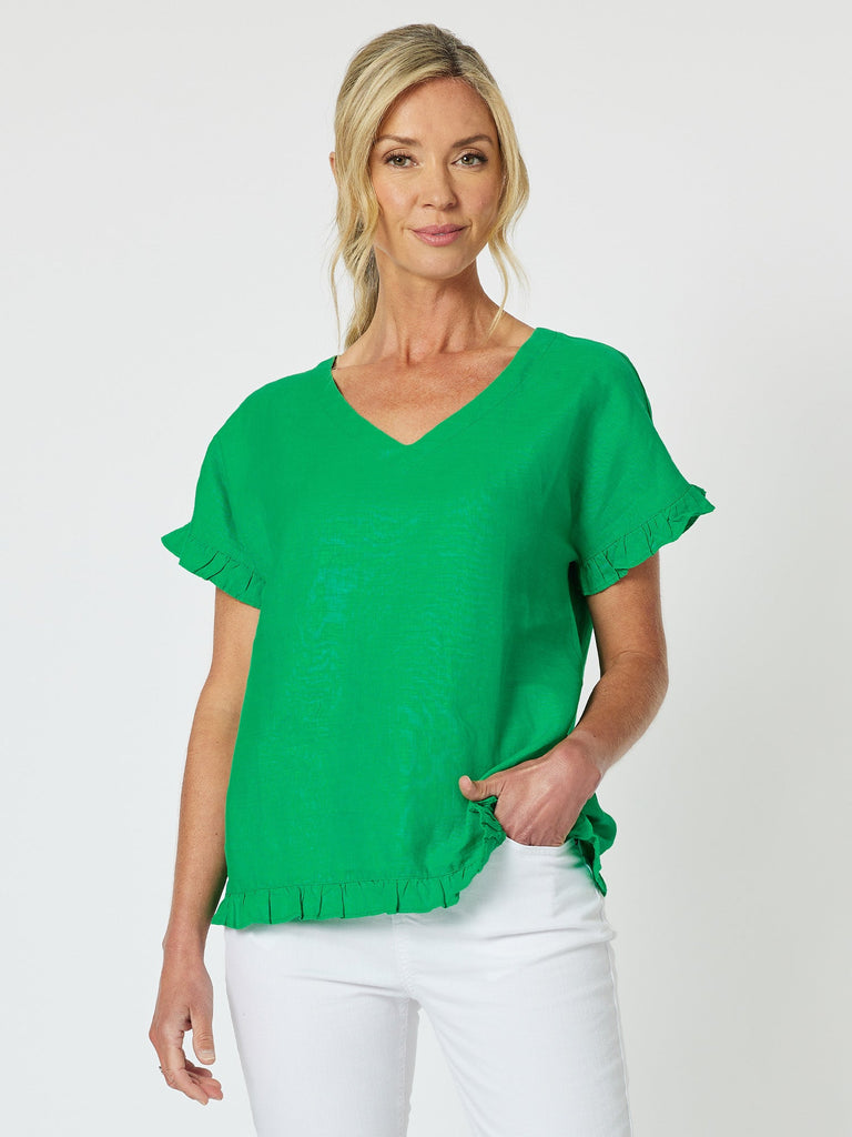 Ruffle Hem Linen Top - Emerald - RC & Co