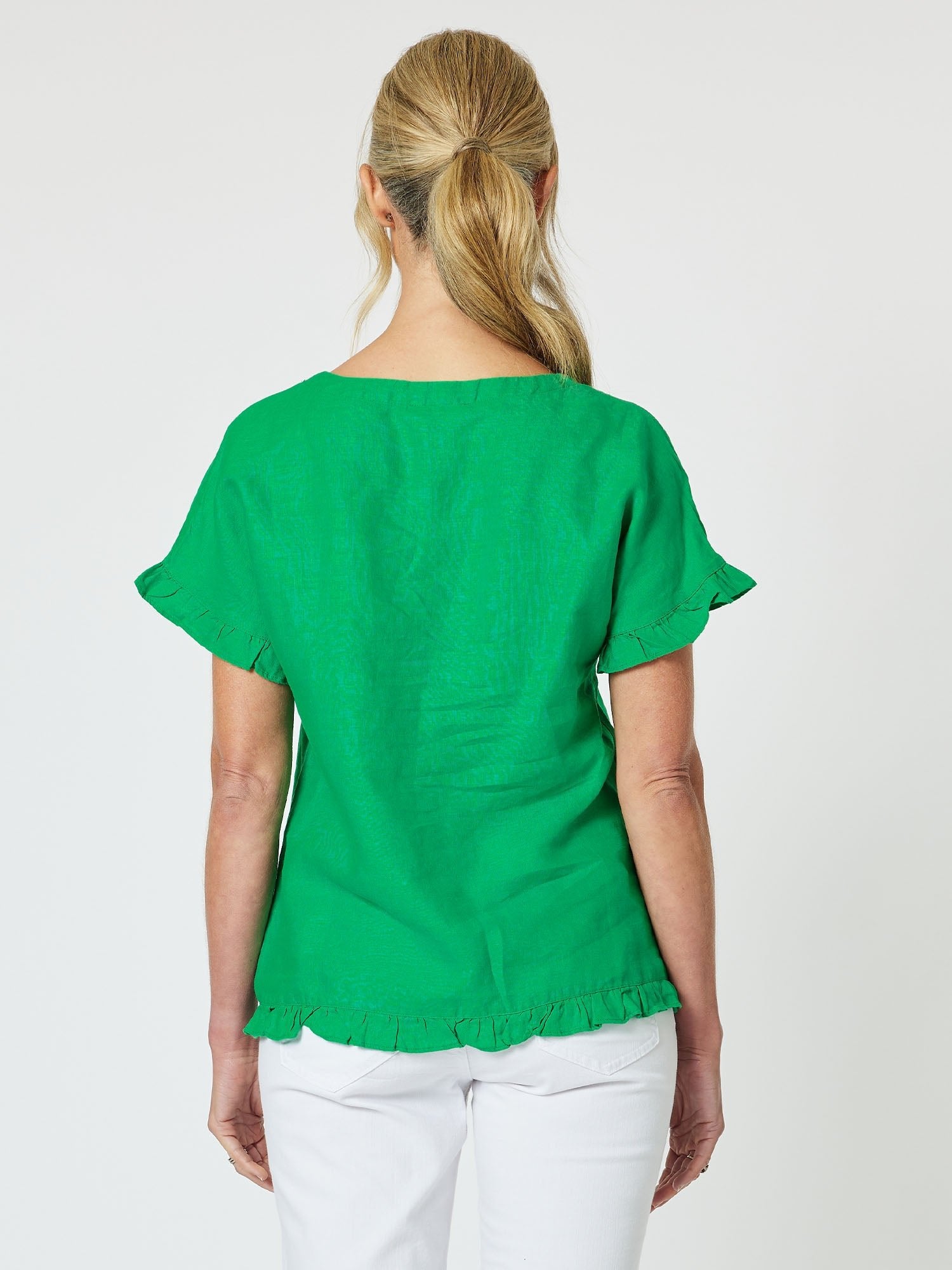 Ruffle Hem Linen Top - Emerald - RC & Co