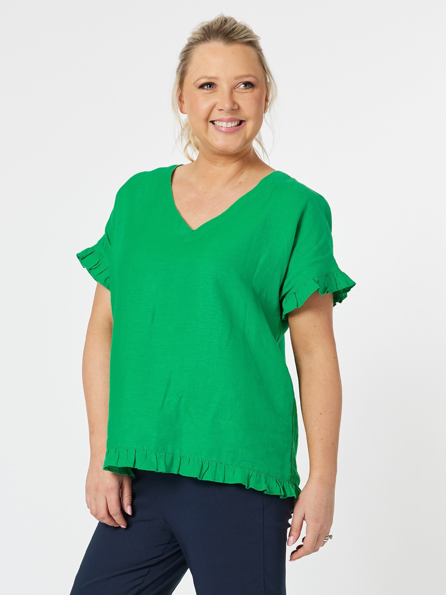 Ruffle Hem Linen Top - Emerald - RC & Co